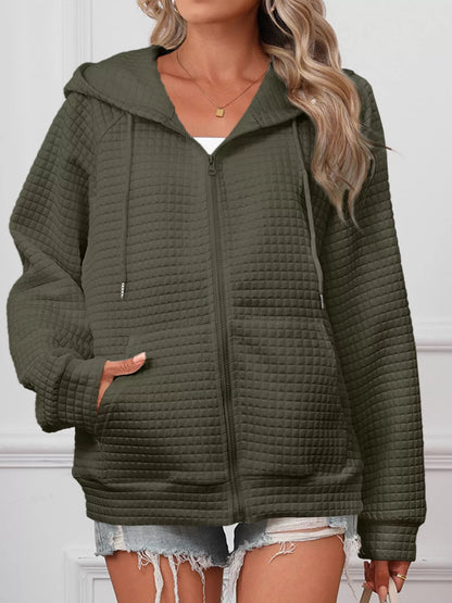 Sarah Express Women's Textured Quilted Zip-Up Hooded Jacket - Plus Size Lightweight Outerwear