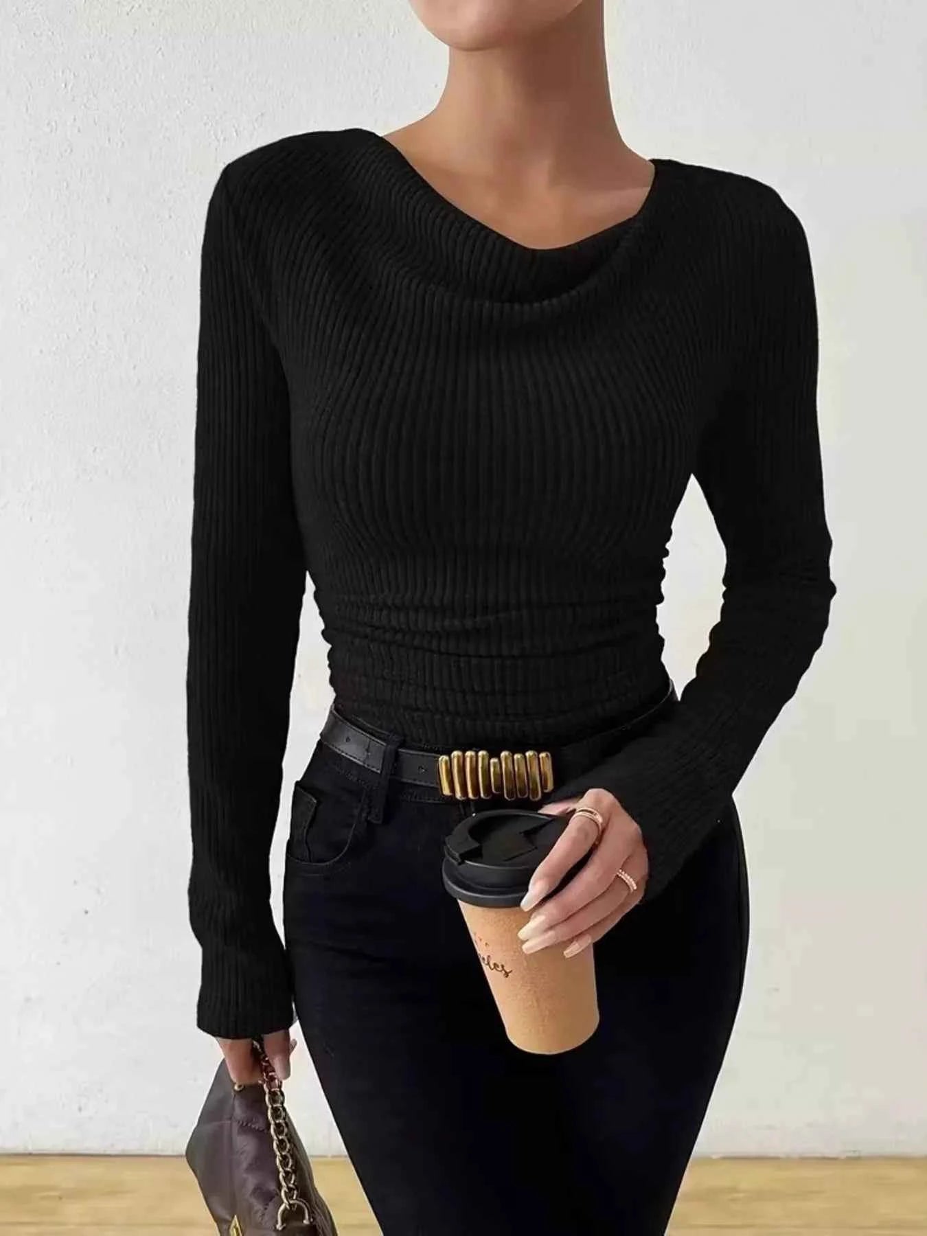 Sarah Express Women's Cowl Neck Ribbed Long Sleeve Sweater - Ruched Pullover Top