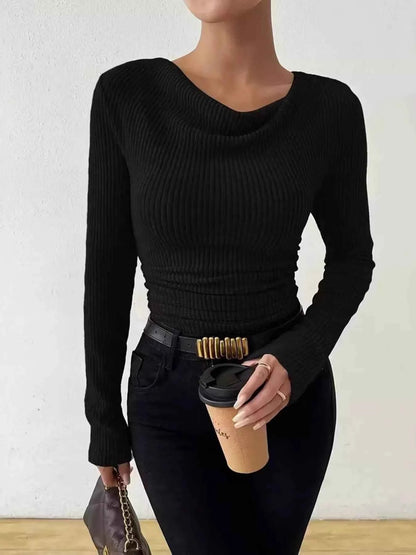 Sarah Express Women's Cowl Neck Ribbed Long Sleeve Sweater - Ruched Pullover Top