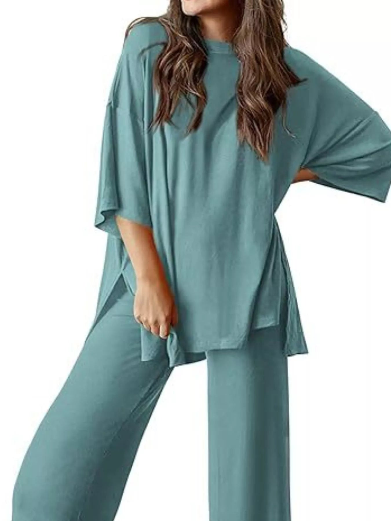 Sarah Express Relaxed Fit Round Neck Top and Pants Two-Piece Lounge Set Peacock Green
