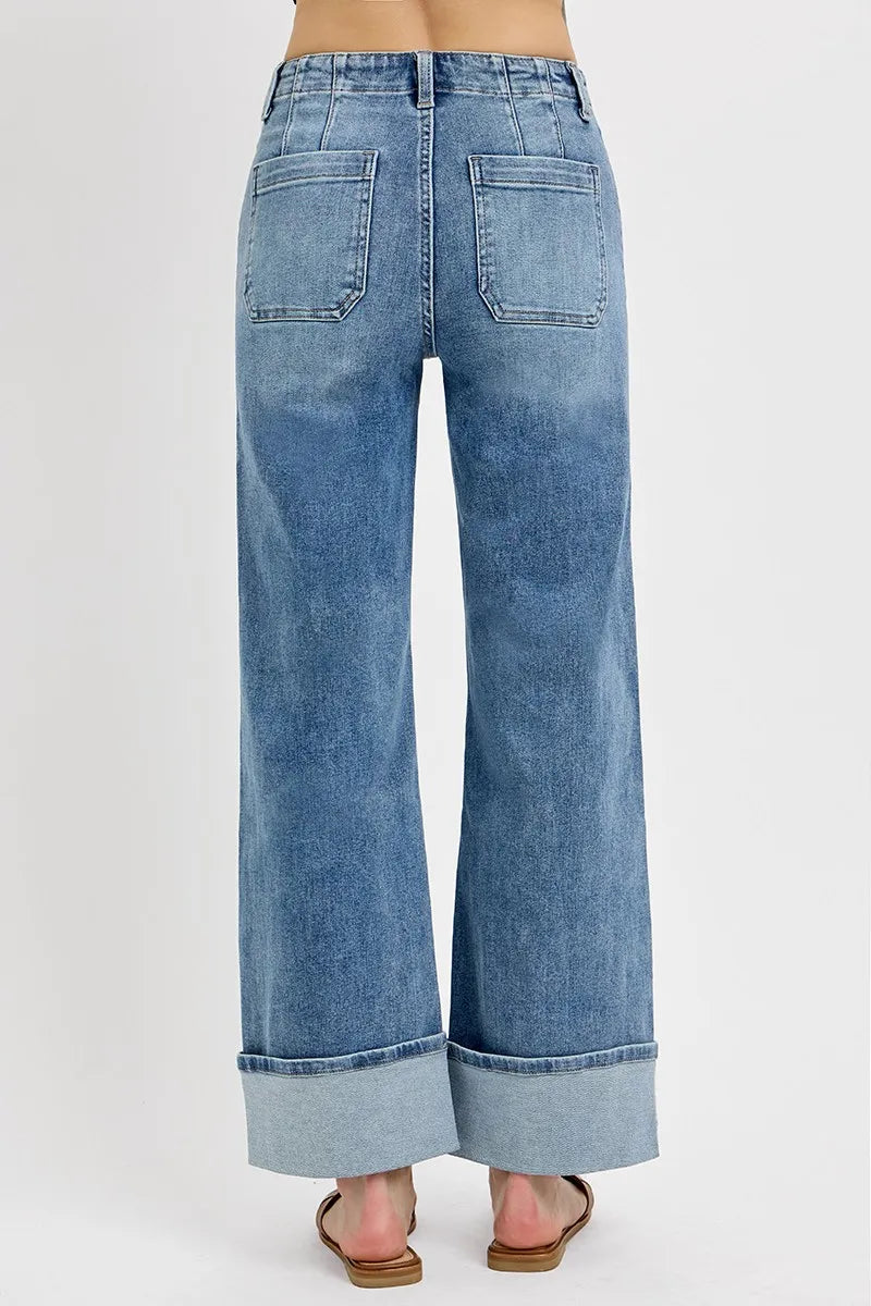 Sarah Express Women’s High Rise Cuffed Wide Leg Jeans with Patch Pockets
