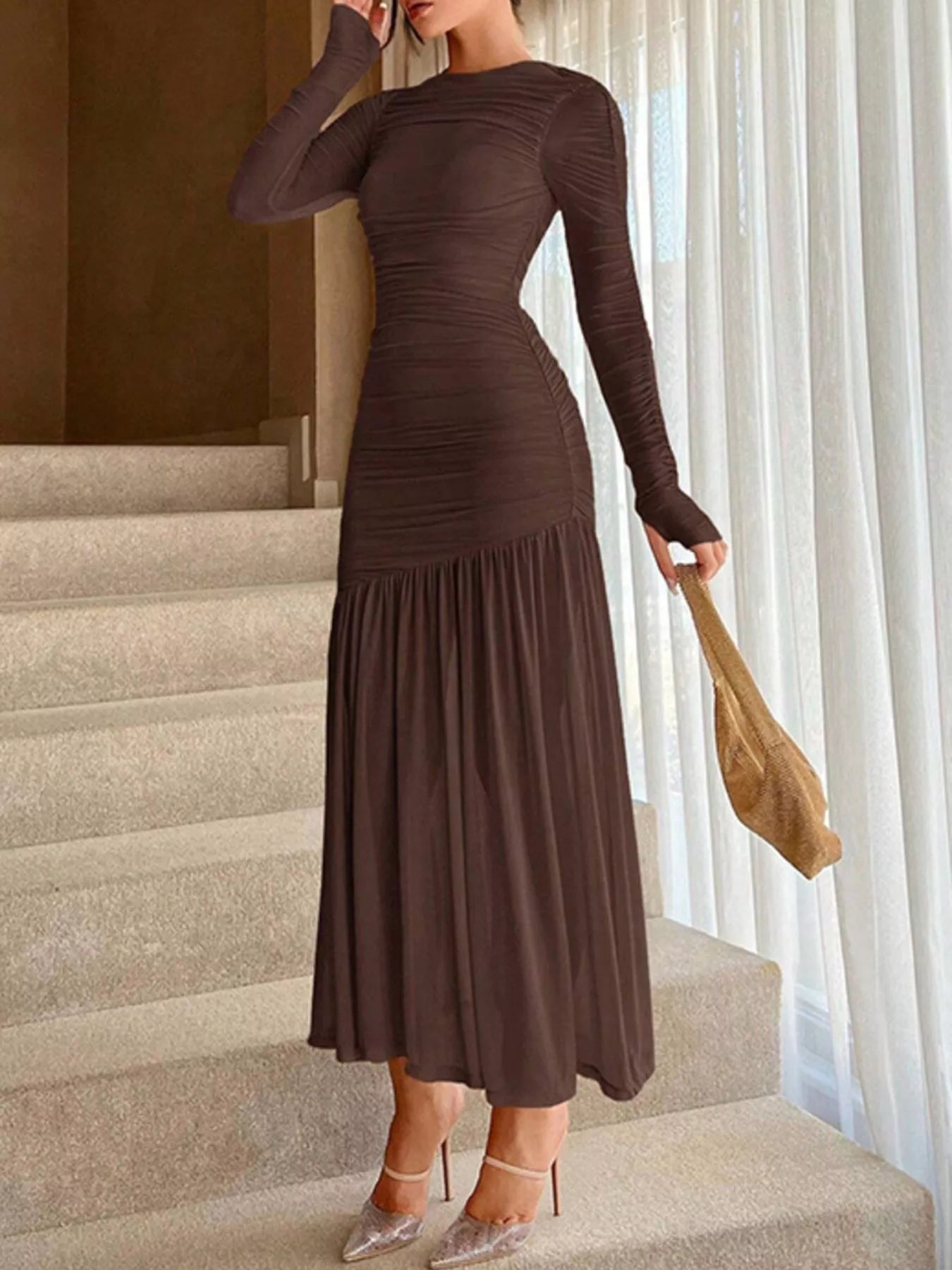 Sarah Express Women's Ruched Long Sleeve Bodycon Midi Dress