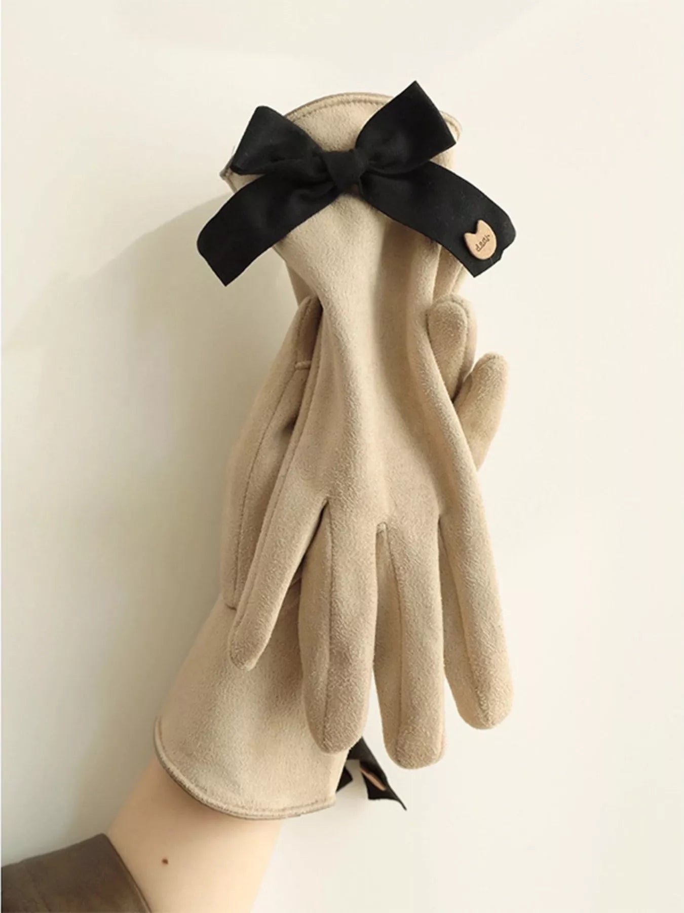 Sarah Express Women's Bow-Decorated Winter Gloves - Elegant Polyester Knit Gloves Beige ONESIZE