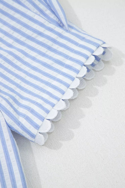 Sarah Express Women's Stripe Ricrac Trim Puff Sleeve Leopard Patchwork V Neck Blouse