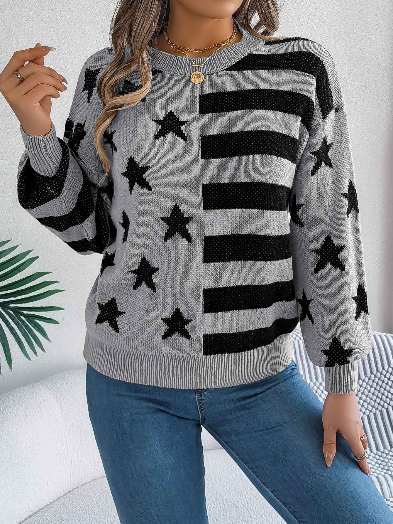 Sarah Express Women Casual Star Stripe Lantern Sleeve Long Sleeve Pullover Sweater