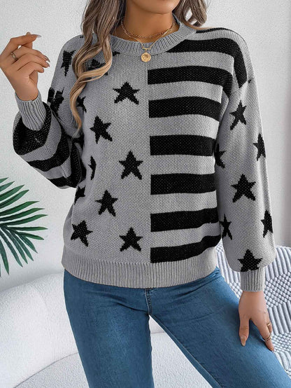 Sarah Express Women Casual Star Stripe Lantern Sleeve Long Sleeve Pullover Sweater