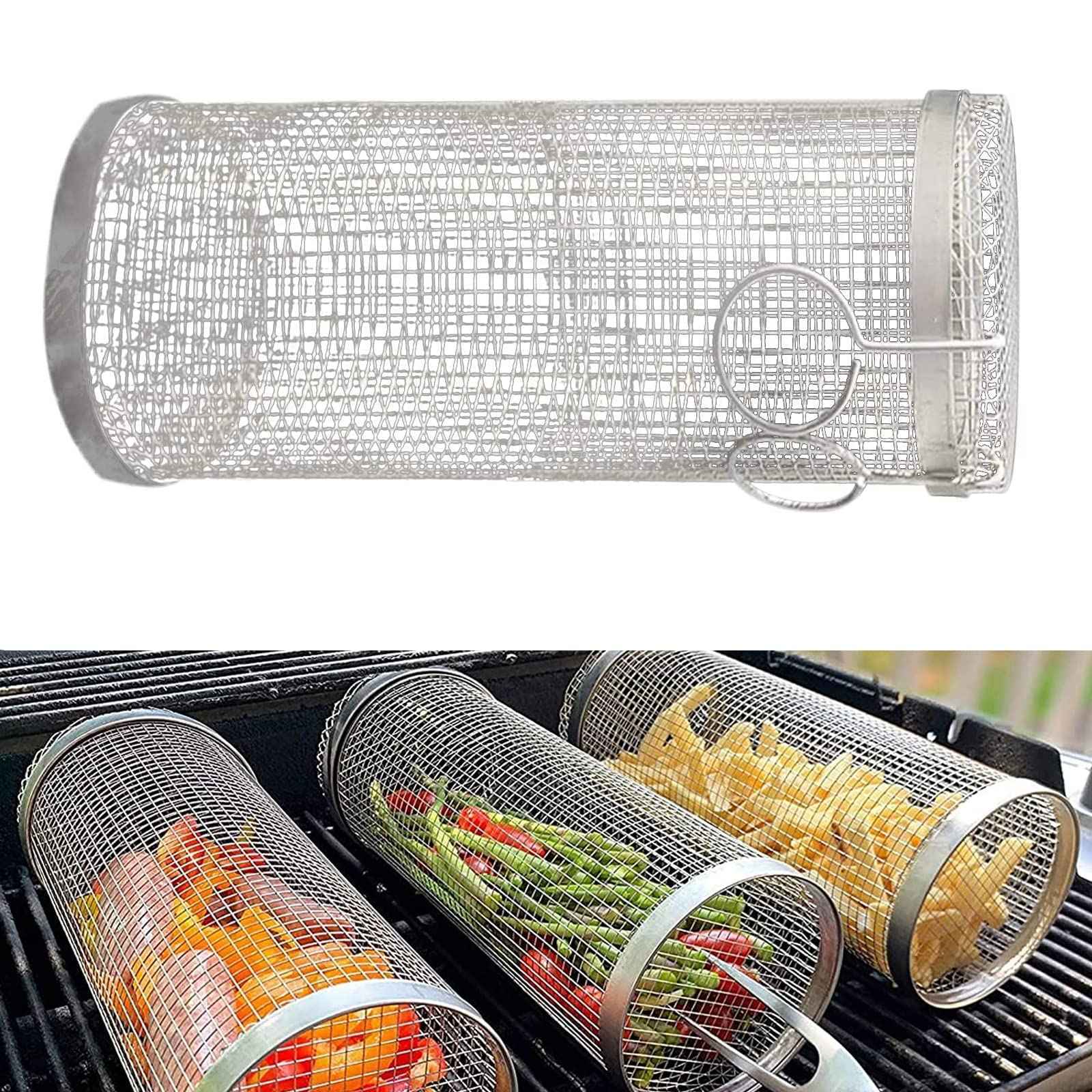 Sarah Express Stainless Steel Rolling BBQ Grilling Basket - Portable Outdoor Camping Barbecue Rack for Vegetables & Meat