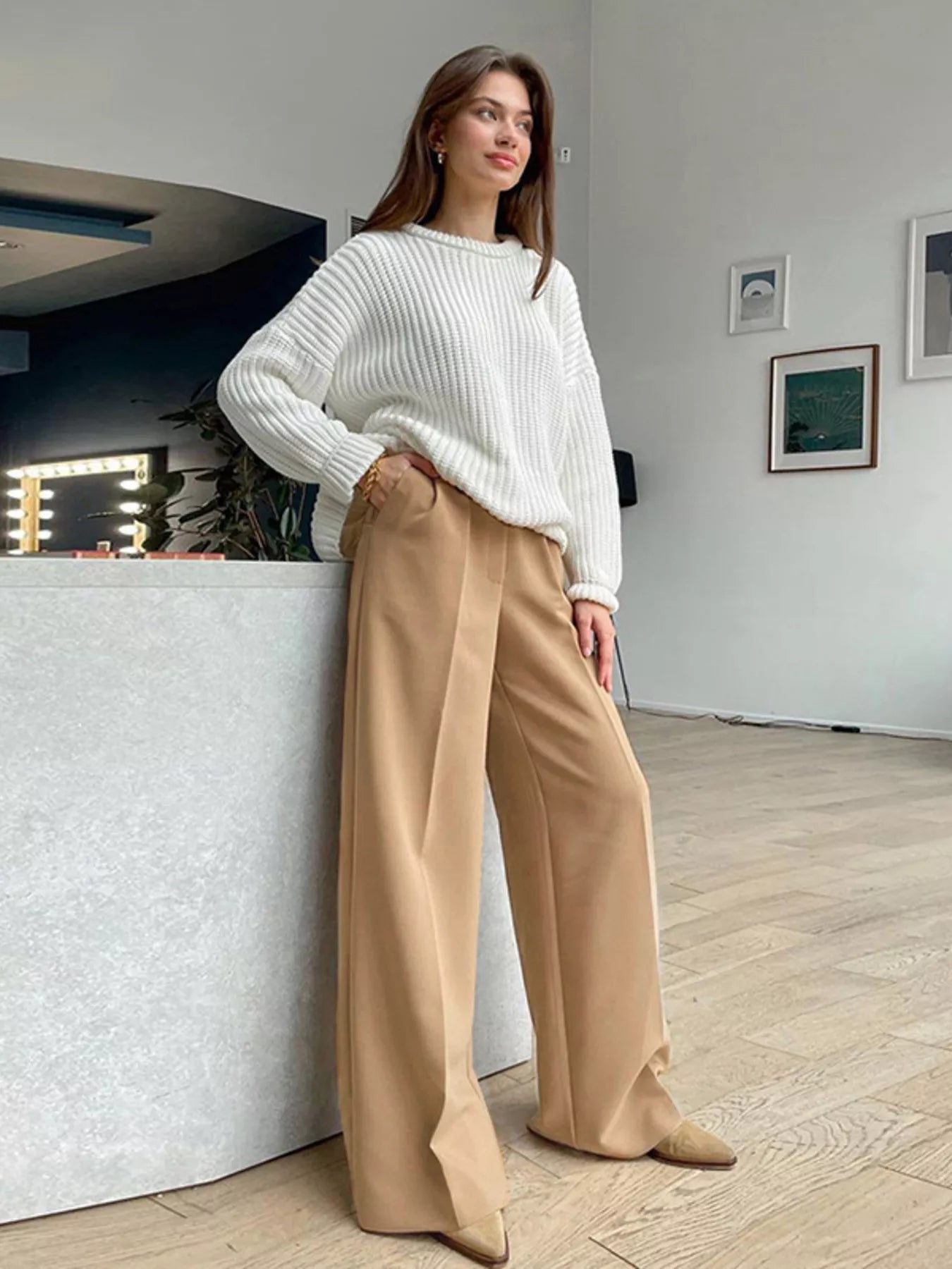 Sarah Express Women's Wide Leg Pleated Pants with Pockets - High Waist Palazzo Trousers