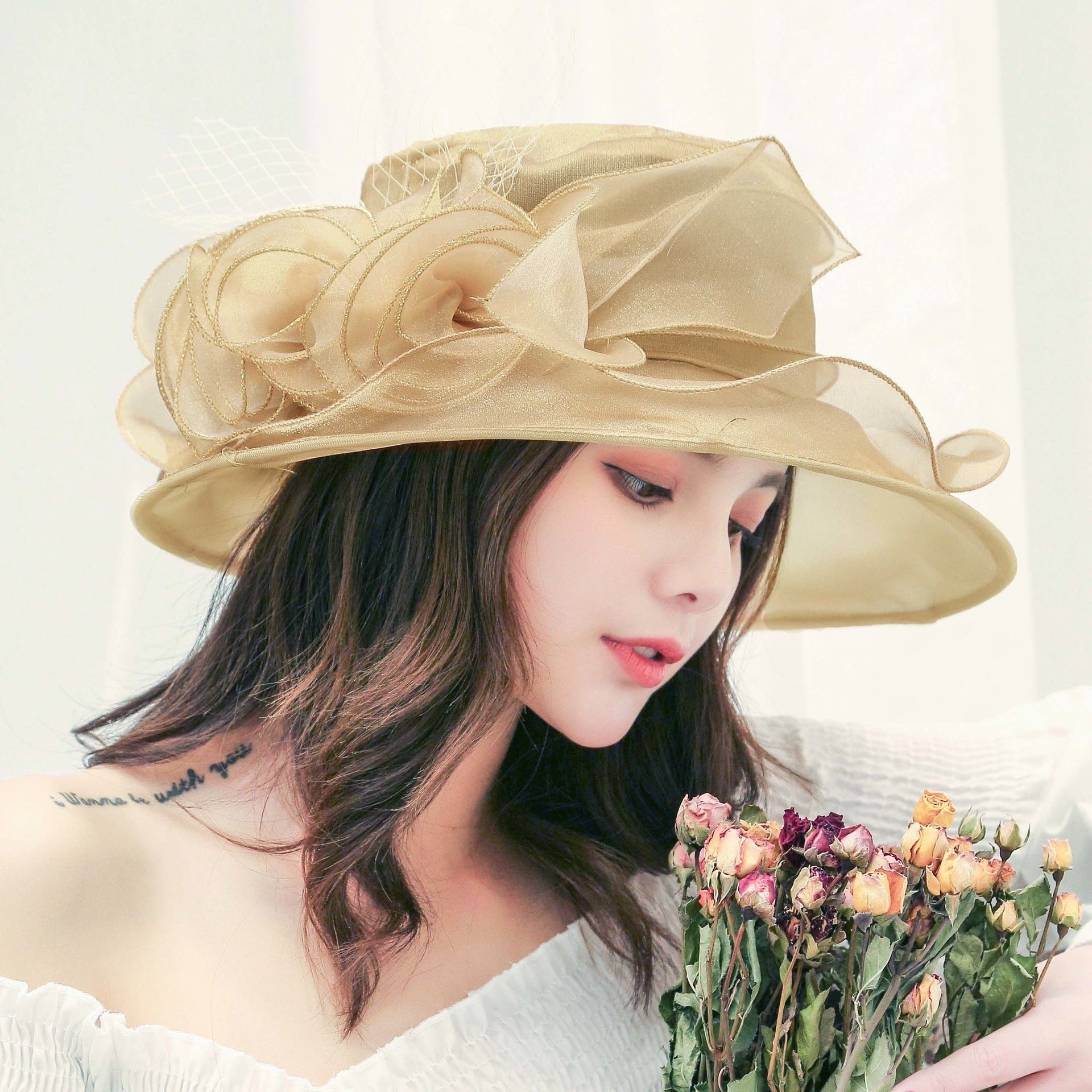 Sarah Express Women's Mesh Organza Bowler Sun Hat Breathable Foldable