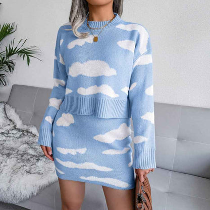Sarah Express Women's Cloud Pattern Knitted Sweater and Pencil Skirt Set - Two Piece Outfit Sky blue