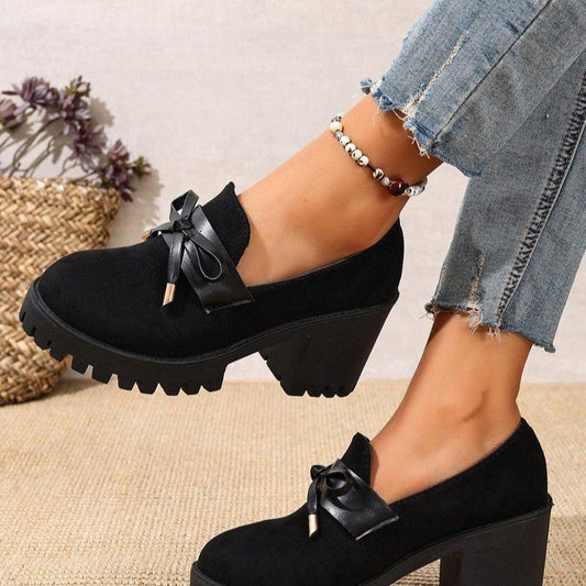 Sarah Express Women's French Loafer Suede Slip-on Shoes - Chunky Heel Pumps with Striped Design