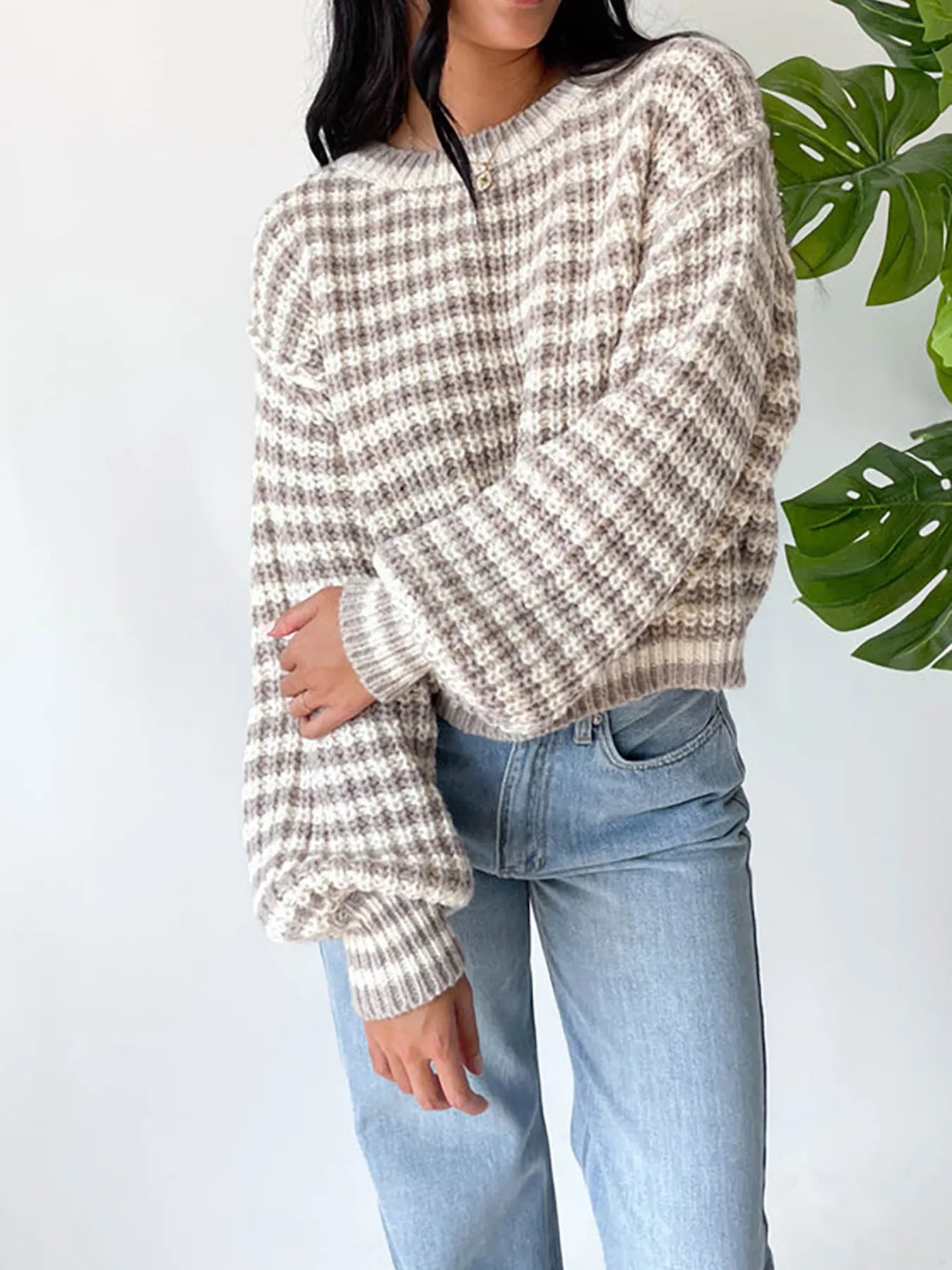 Sarah Express Women's Oversized Striped Drop Shoulder Sweater Khaki