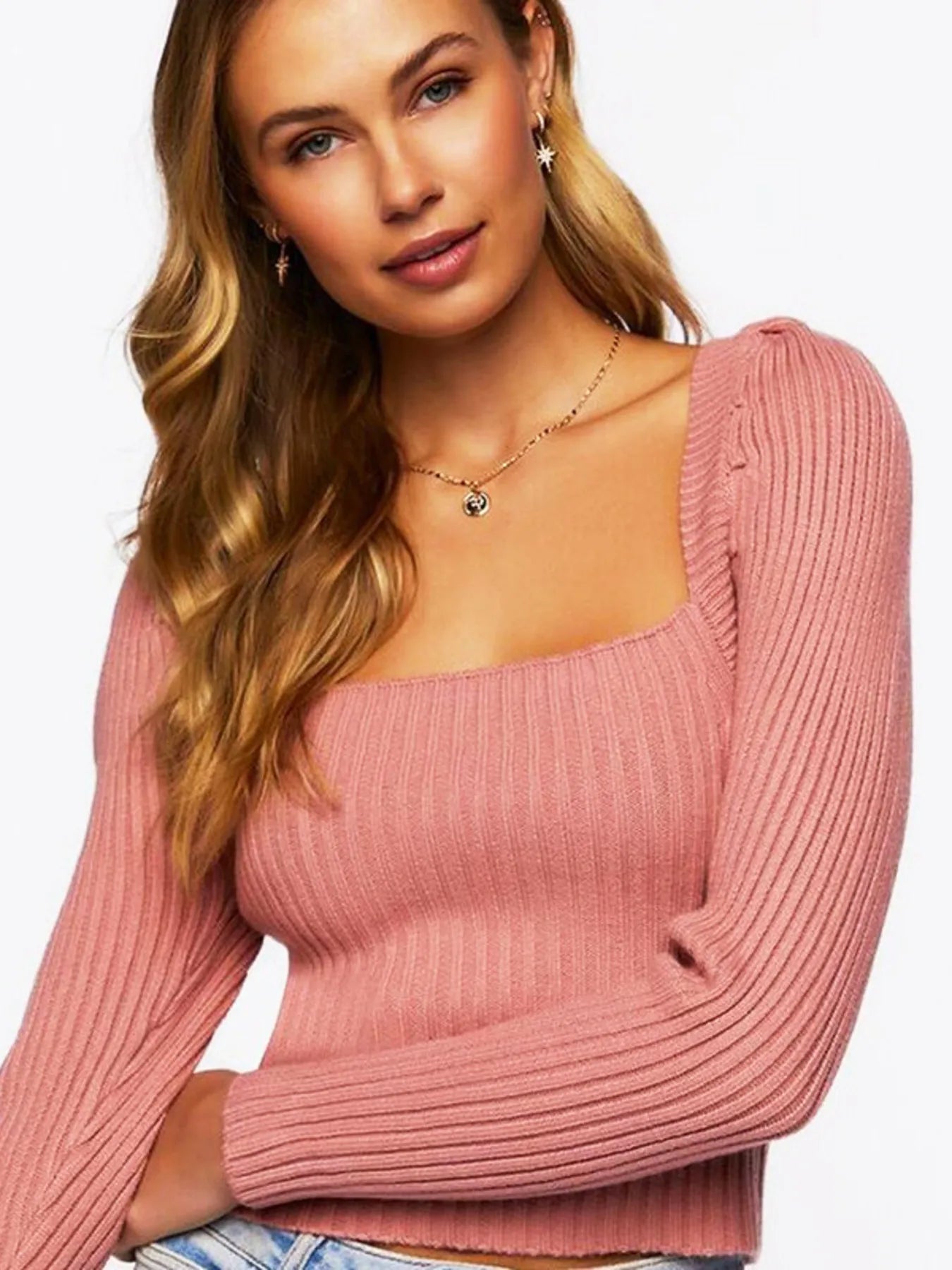 Sarah Express Women's Ribbed Square Neck Long Sleeve Sweater Pink