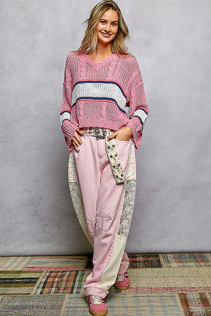 Sarah Express Women's V-Neck Striped Cable Knit Cropped Sweater Top