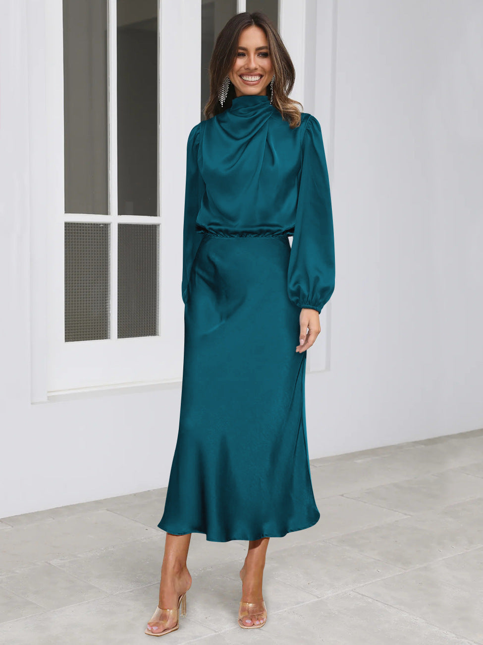 Sarah Express Women's Satin Formal Dress Halter Neck Long Sleeve Evening Midi Elegant