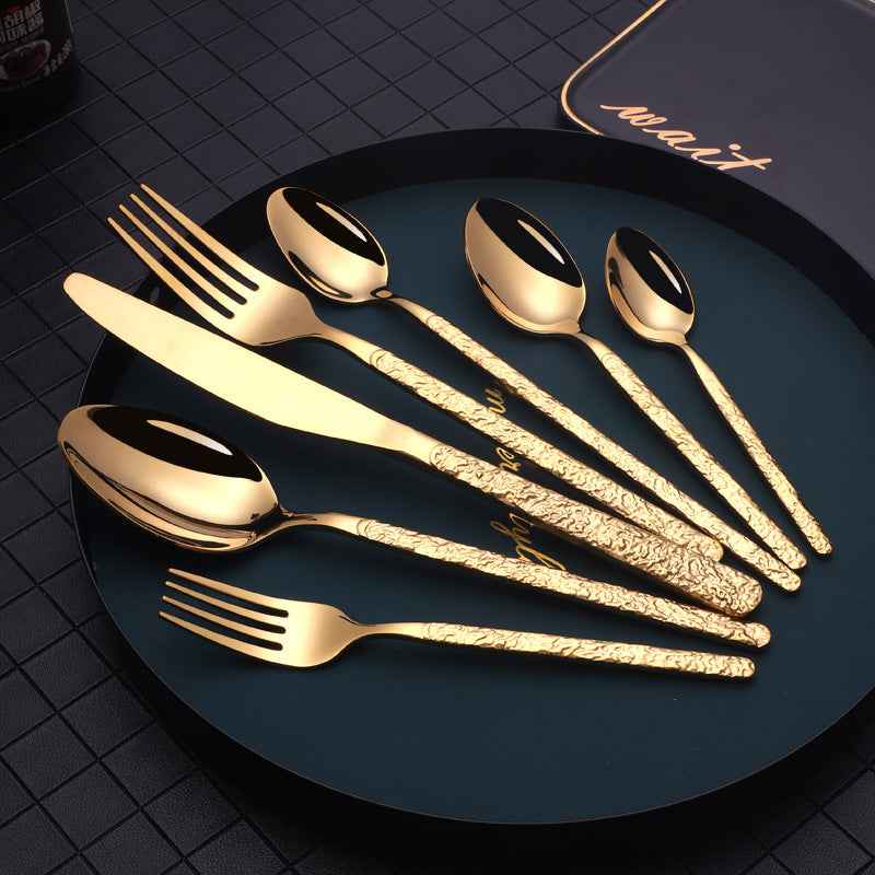 Sarah Express Premium Stainless Steel Steak Knife Fork Set - Embossed Handle Western Cutlery Gold 7PCS
