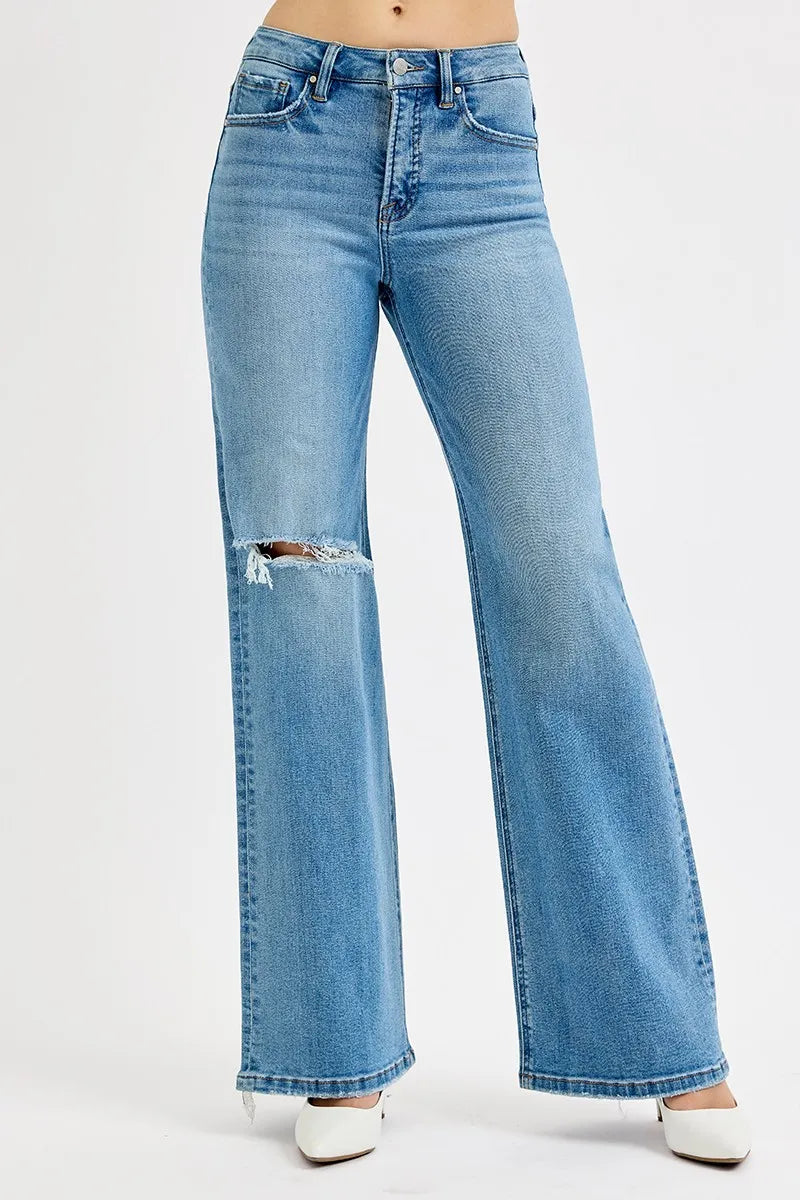 Sarah Express Women’s Plus Size High Rise Distressed Wide Leg Jeans
