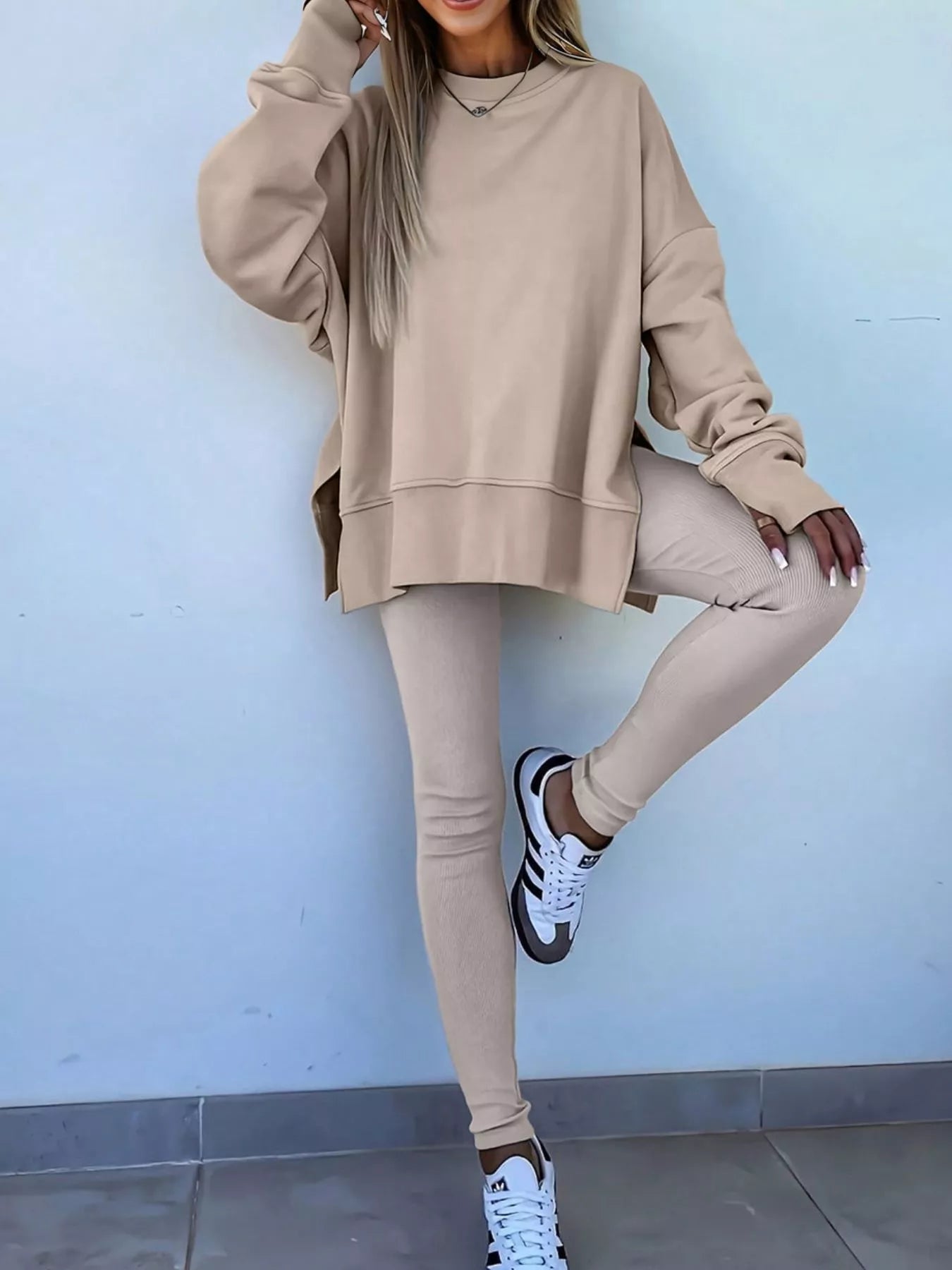 Sarah Express Women's Solid Color Oversize Slit Sweatshirt and Ribbed Leggings 2pcs Set Eggshell