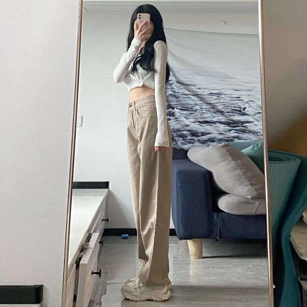 Sarah Express High Waist Wide Leg Jeans for Women Cotton Khaki Retro Straight Pants
