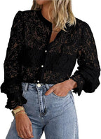 Sarah Express Women's Lace Button Front Shirt Long Sleeve Elegant Blouse