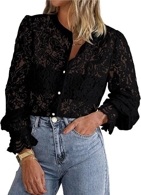 Sarah Express Women's Lace Button Front Shirt Long Sleeve Elegant Blouse