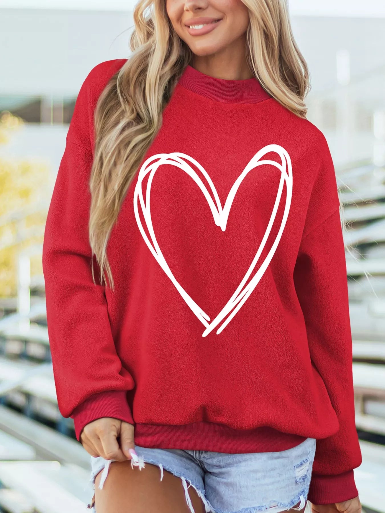 Sarah Express Women's Reversible Heart Print Mock Neck Sweatshirt - Valentine's Day Love Script Double Wear Top