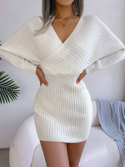 Sarah Express Women's Cross V-Neck Batwing Sleeve Bodycon Sweater Dress - High Waist Knit Dress