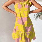 Sarah Express Floral Print One Shoulder Dress Ruffle Hem Sleeveless Midi Length