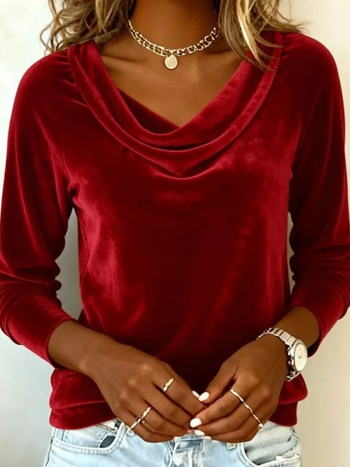 Sarah Express Women's Velvet Cowl Neck Long Sleeve T-Shirt Red