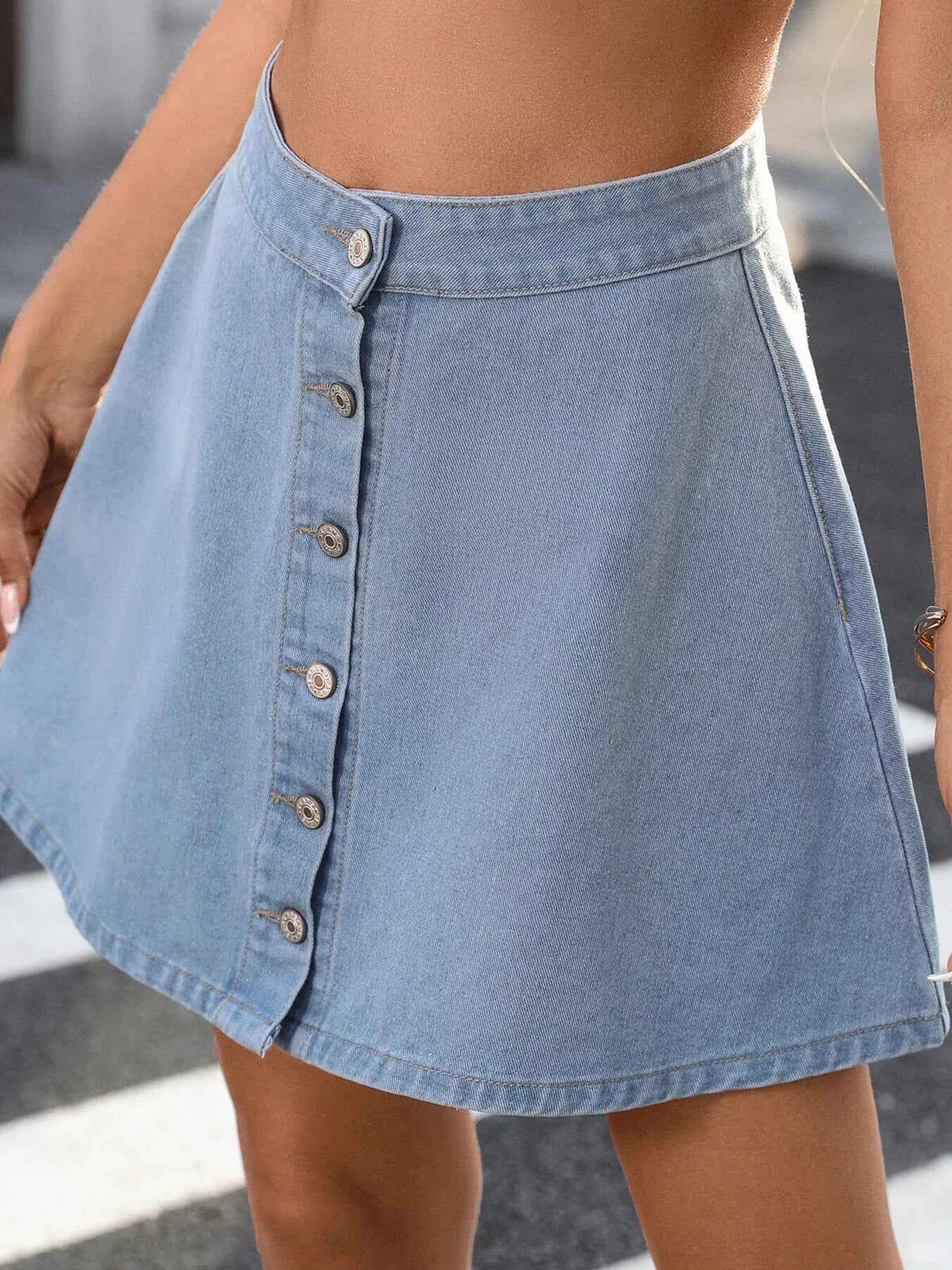 Button-Front A-Line Denim Skirt