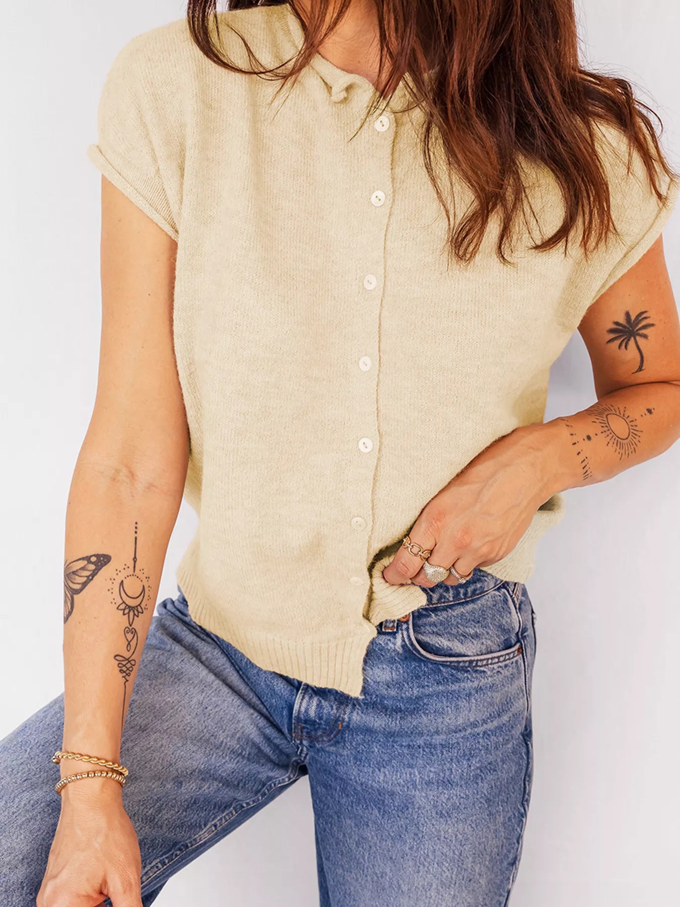 Sarah Express Women's Buttoned Front Rolled Hem Cap Sleeve Sweater Top Beige