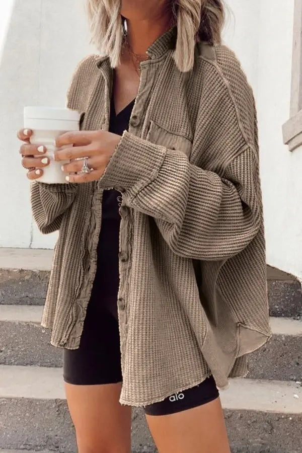 Sarah Express Patchwork Irregular Shirt Jacket Loose Fit Long Sleeve Acrylic Outerwear
