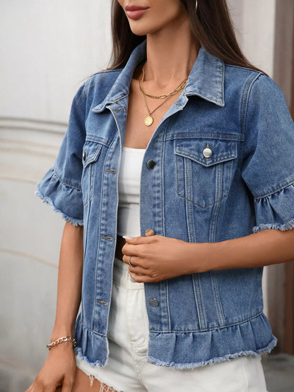 Sarah Express Women's Raw Hem Button Up Denim Jacket