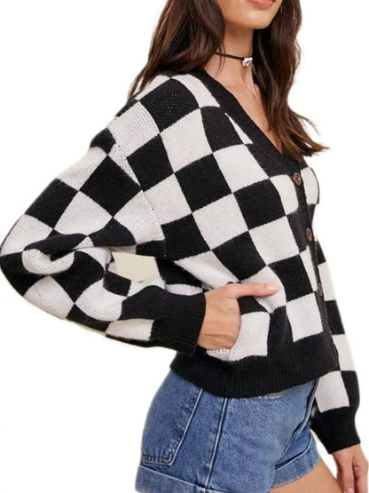 Sarah Express Women's Checkerboard Pattern Button-Down Cardigan