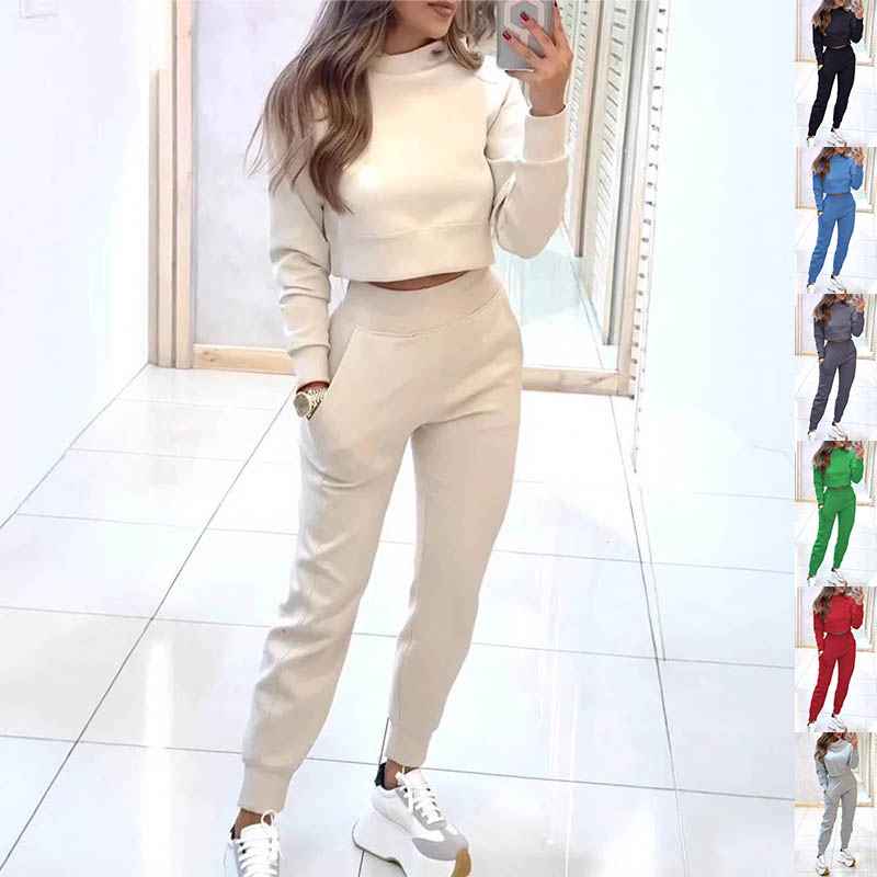 Sarah Express Women's Stand Collar Sports Suit Set - Pullover Top & Slim Trousers with Pockets Solid Color Tracksuit