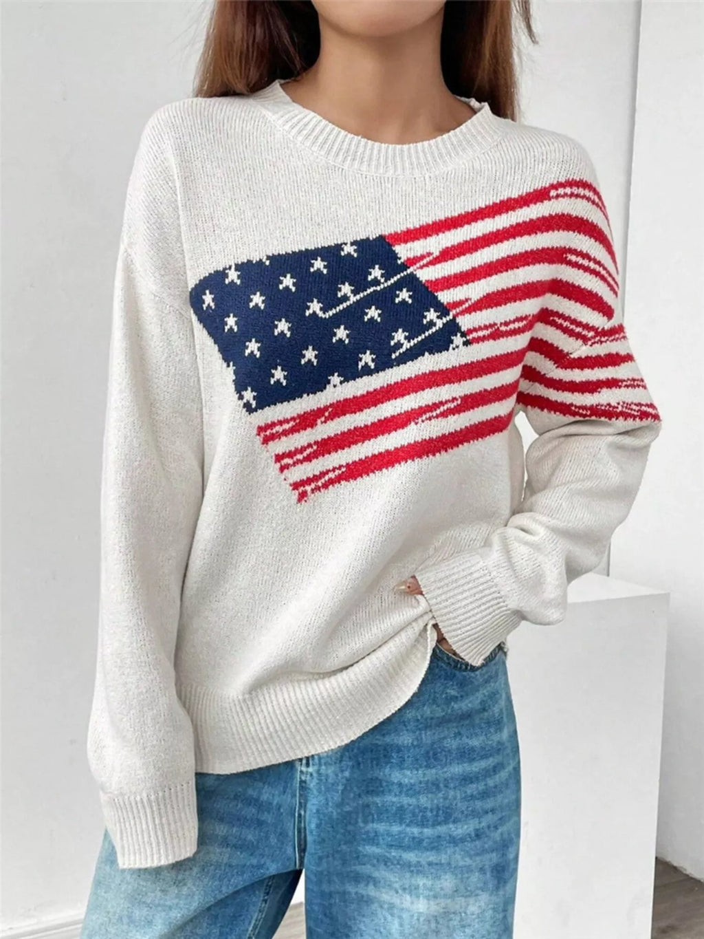 Sarah Express Women's US Flag Round Neck Long Sleeve Sweater White
