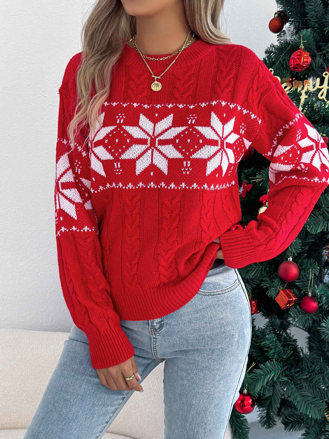 Sarah Express Women's Snowflake Pattern Turtleneck Pullover Sweater - Lantern Sleeve Knit