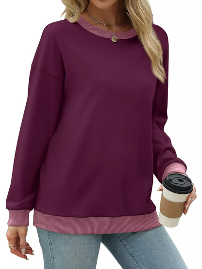 Sarah Express Women's Contrast Trim Crew Neck Casual Sweatshirt