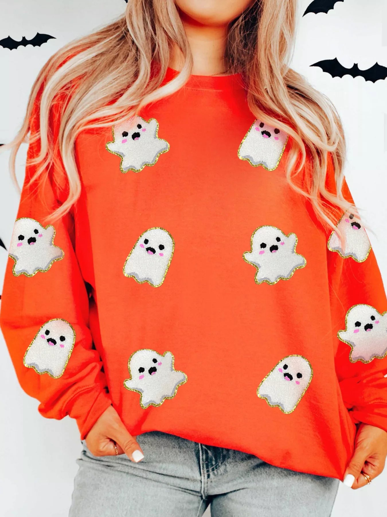 Sarah Express Women's Halloween Ghost Patched Pattern Holiday Sweatshirt