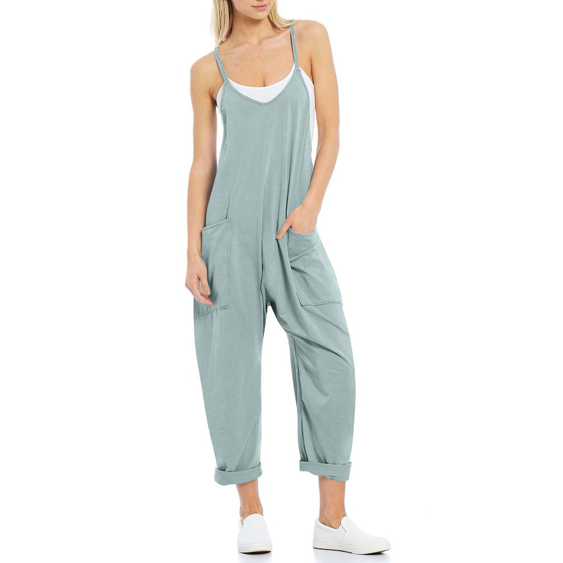 Sarah Express Women's Knitted Spaghetti Strap Jumpsuit - Loose Fit Wide Leg Overalls with Pockets