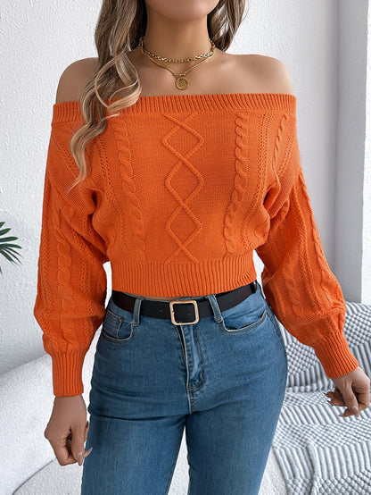 Sarah Express Women's Off-Shoulder V-Neck Pullover Sweater - Casual Solid Color Long Sleeve Orange