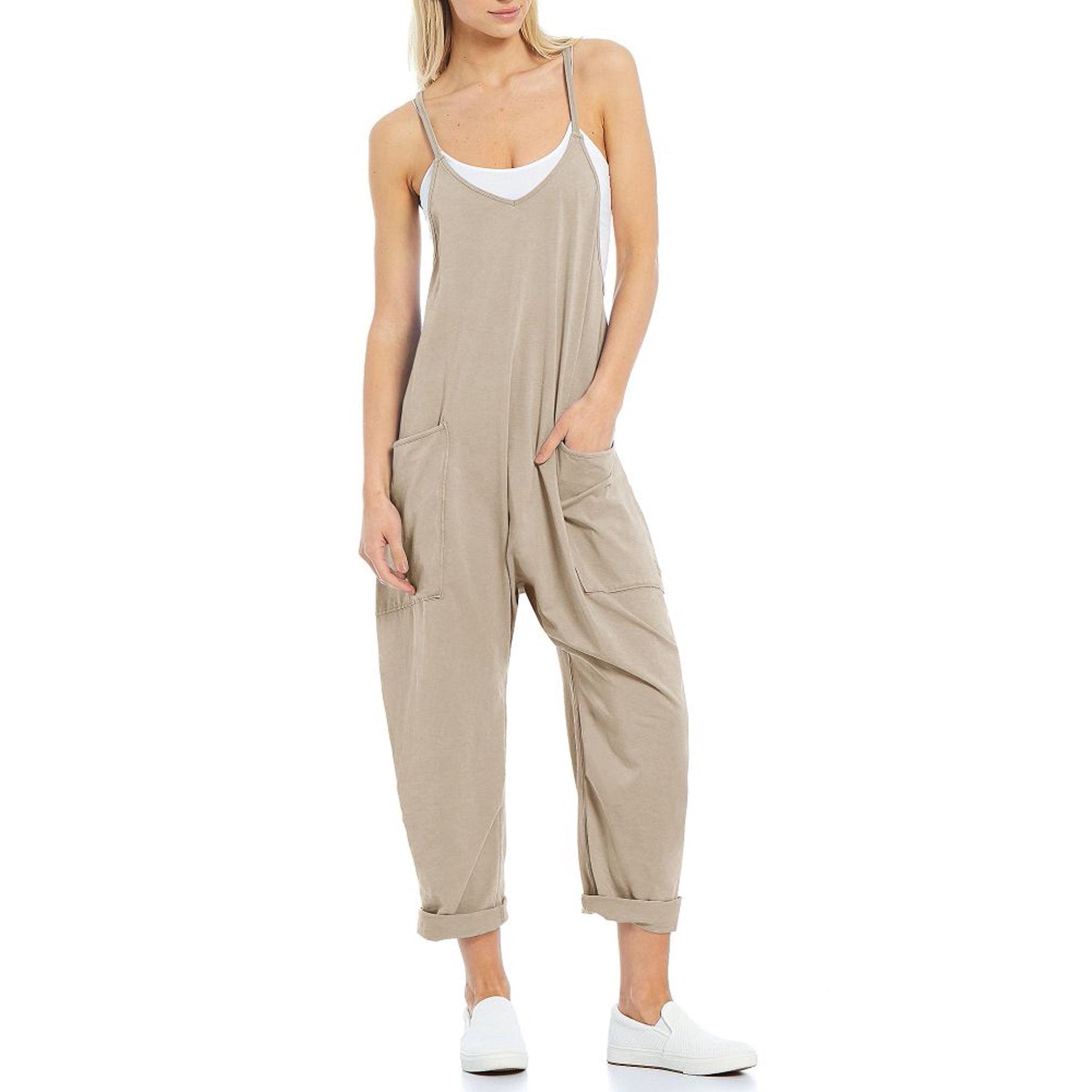Sarah Express Women's Knitted Spaghetti Strap Jumpsuit - Loose Fit Wide Leg Overalls with Pockets