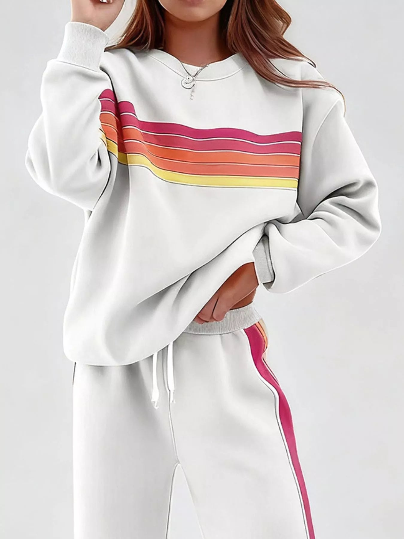 Sarah Express Women's Striped Round Neck Sweatshirt and Pants Lounge Set