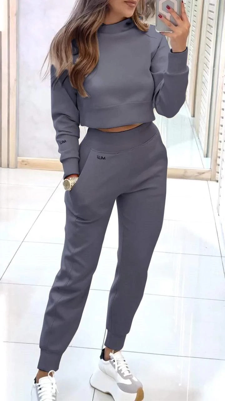Sarah Express Women's Stand Collar Sports Suit Set - Pullover Top & Slim Trousers with Pockets Solid Color Tracksuit Dark Gray