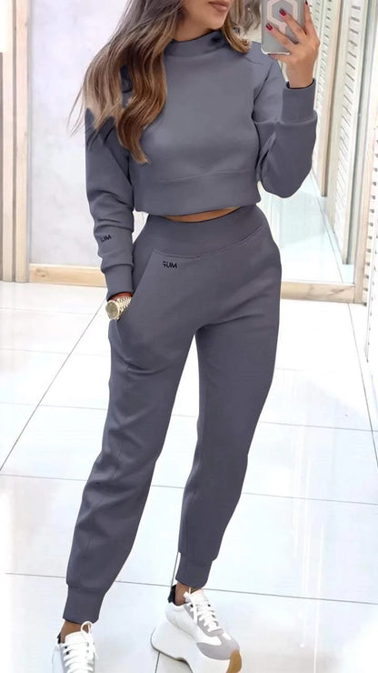 Sarah Express Women's Stand Collar Sports Suit Set - Pullover Top & Slim Trousers with Pockets Solid Color Tracksuit Dark Gray
