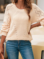 Sarah Express Women's Openwork Round Neck Long Sleeve Sweater