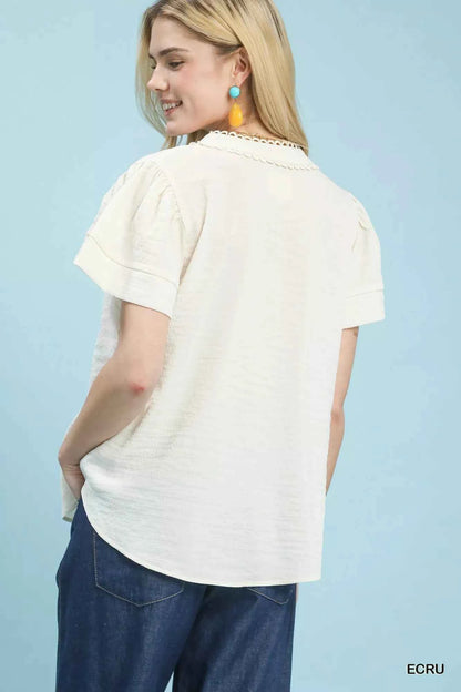 Sarah Express Women's Seersucker Short Sleeve Top with Lace Trim Detail