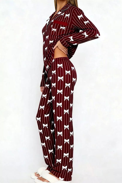 Sarah Express Women's Bow Print Lounge Set - Button-Up Top and Wide Leg Pants