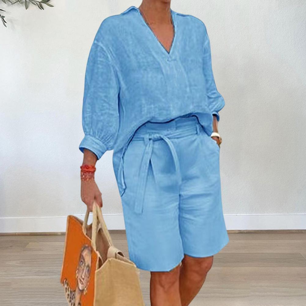 Sarah Express Women's Cotton Linen Half Sleeve Top and Capri Pants Two-Piece Casual Set