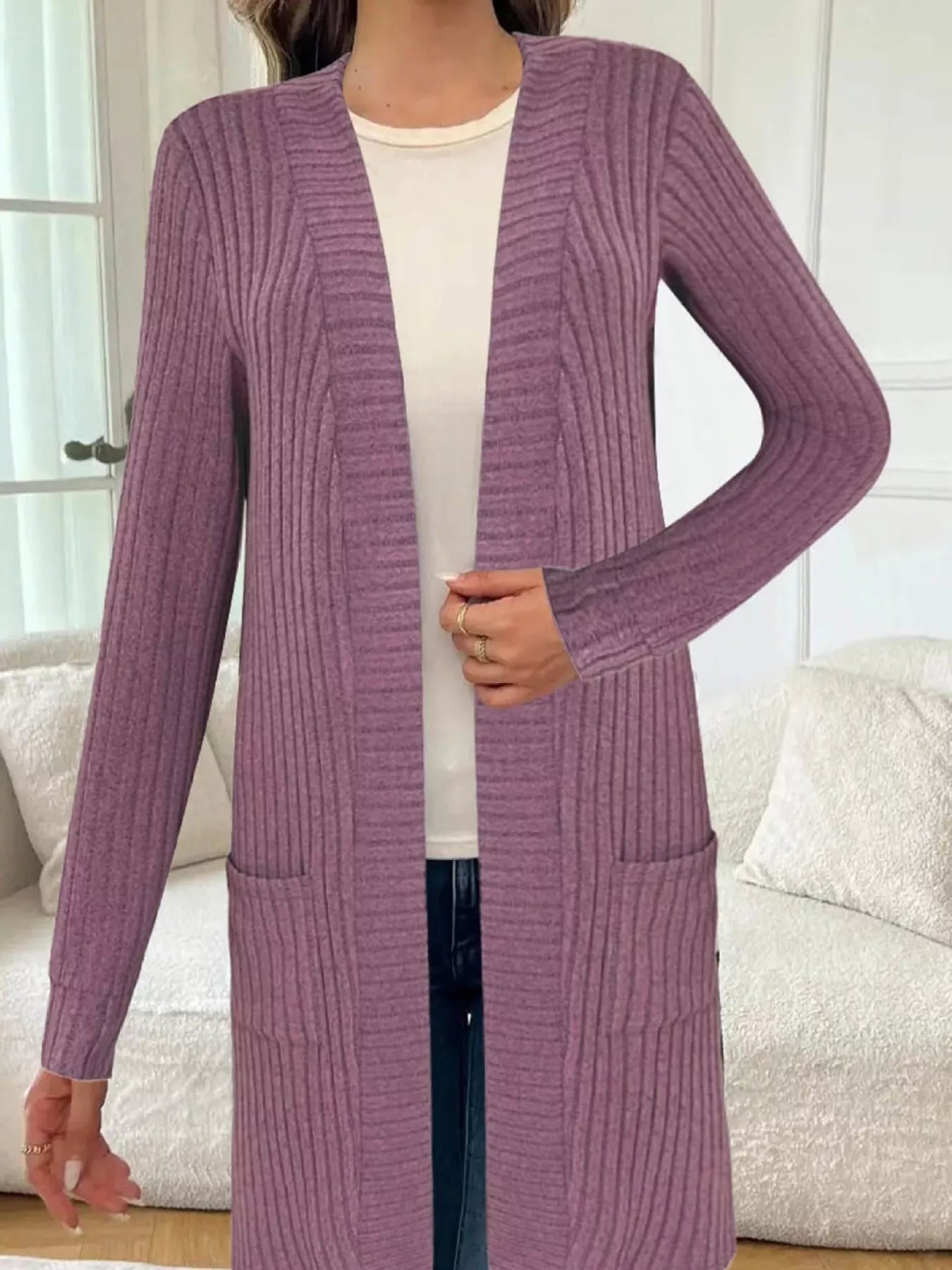 Sarah Express Women's Ribbed Knit Open Front Cardigan Mauve
